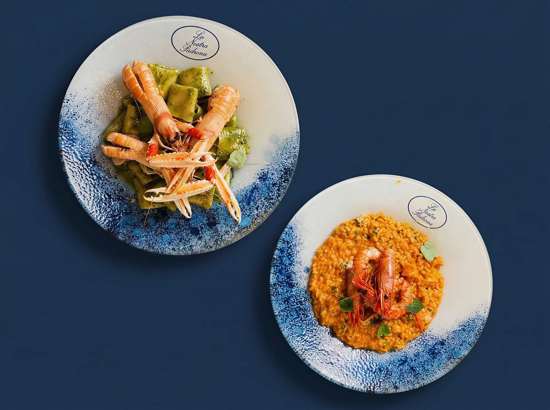 Langoustine paccheri and a prawn risotto on La Nostra Padrona plates